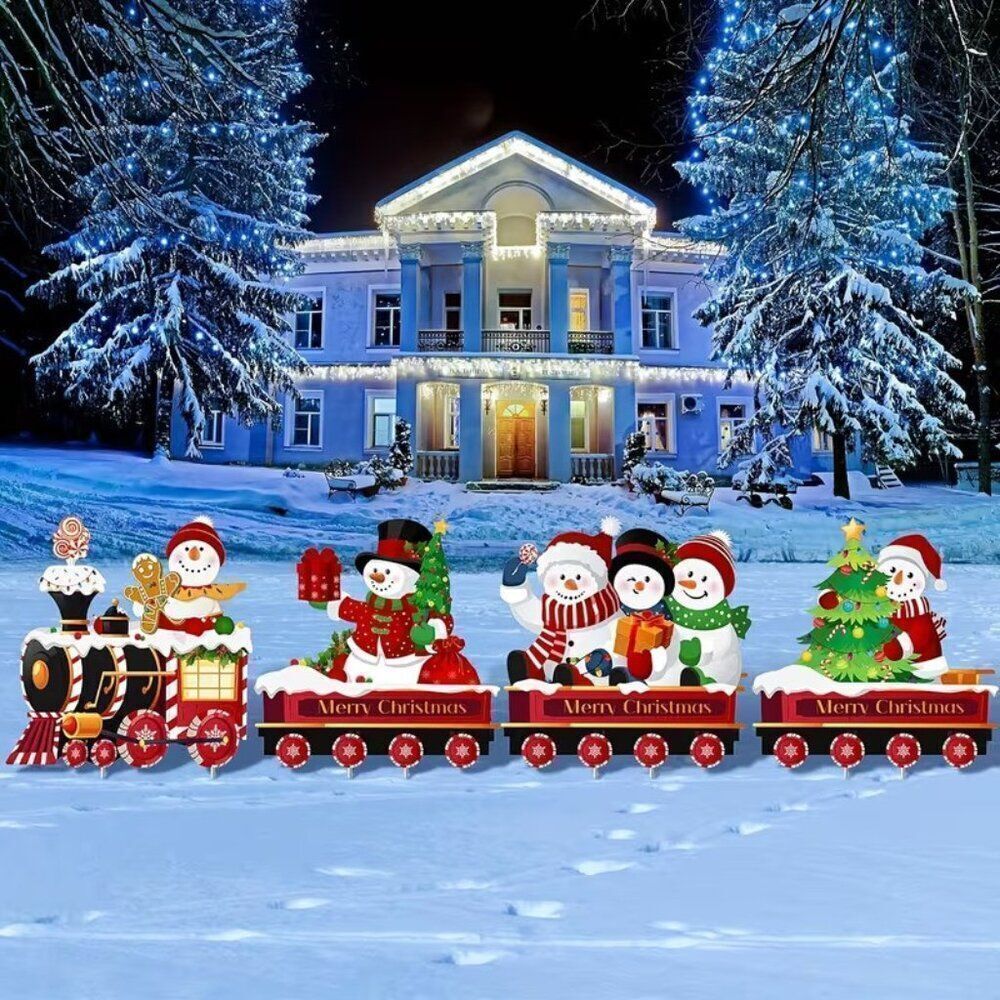 5" x 5" 4pc 2D Festive Holiday Snowman Train Set Garden Outdoor Stake